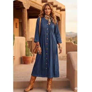 The Vermont Country Store Denim Pintuck Pleated Button-Front Midi Praire Dress L